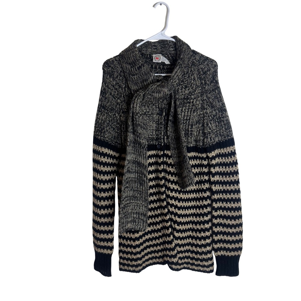 Berries Cardigan Sweater Women's Vintage Striped Tie Neck Knit Black Tan Size M